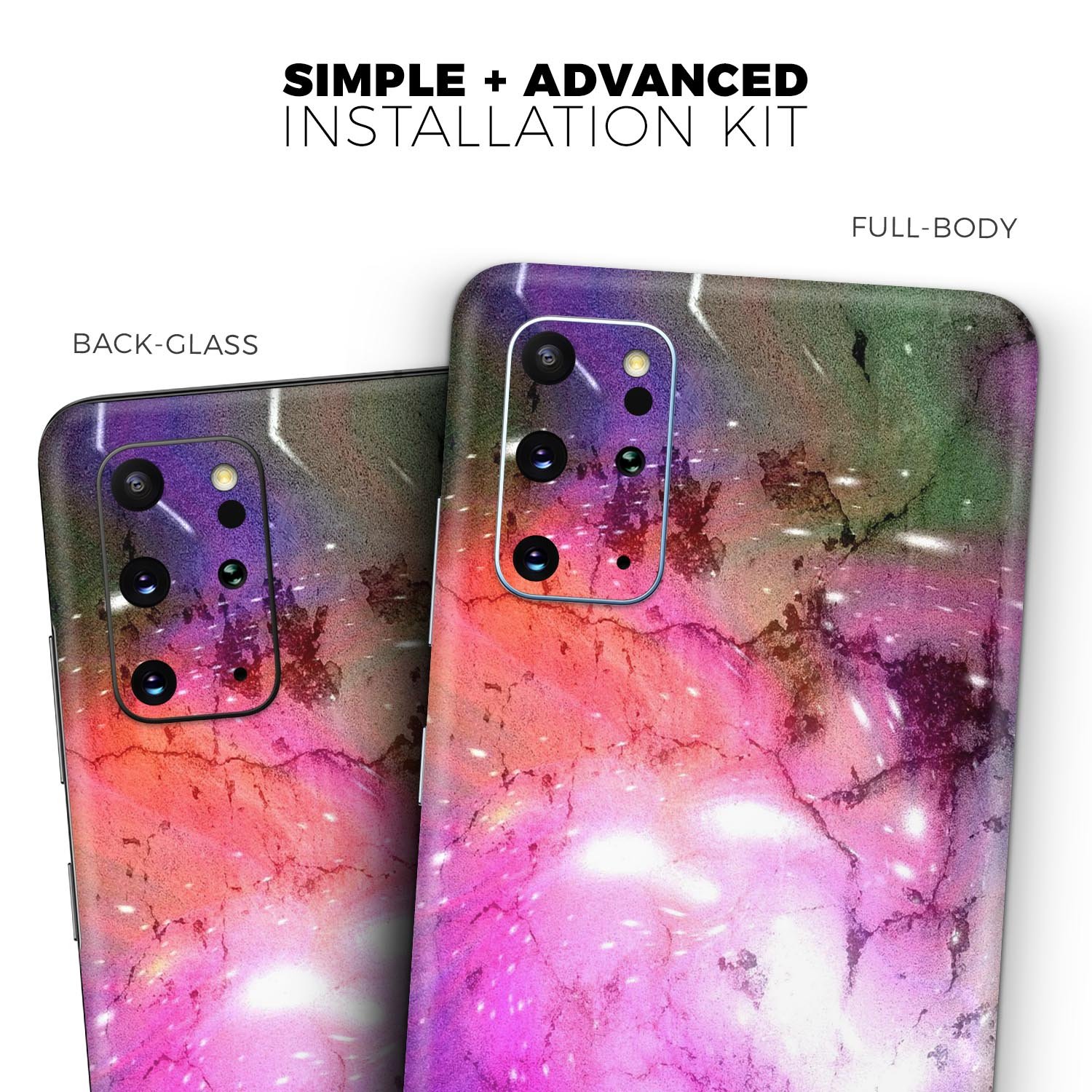 Warped Neon Color-Splosion skin kit for Samsung Galaxy S-Series, showcasing vibrant colors and premium vinyl material.